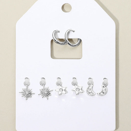 Stone Embellished North Star Crescent Moon Interchangeable Earring Set