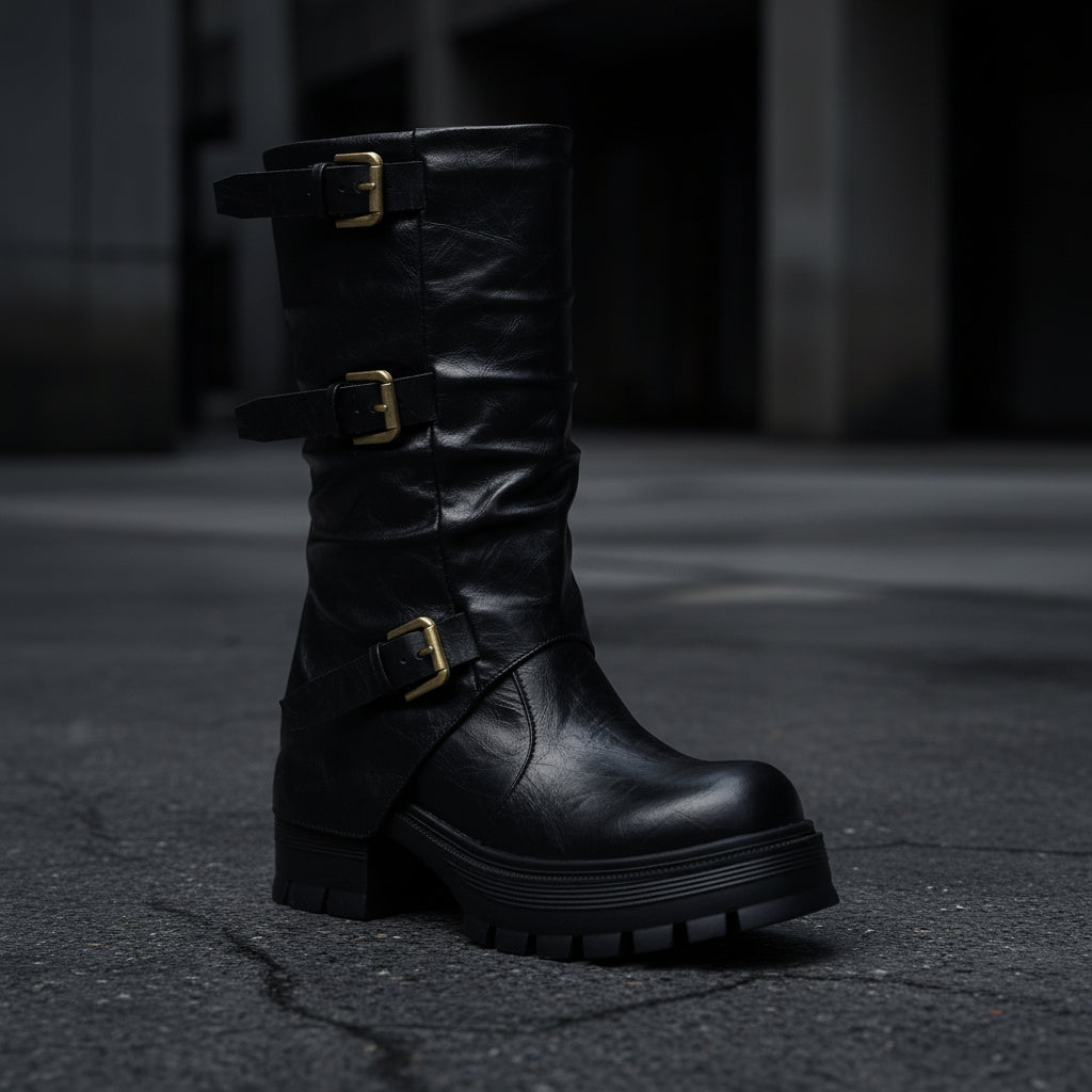 Women's Triple Buckle Moto Boots – Distressed PU Chunky Platform Block Heel