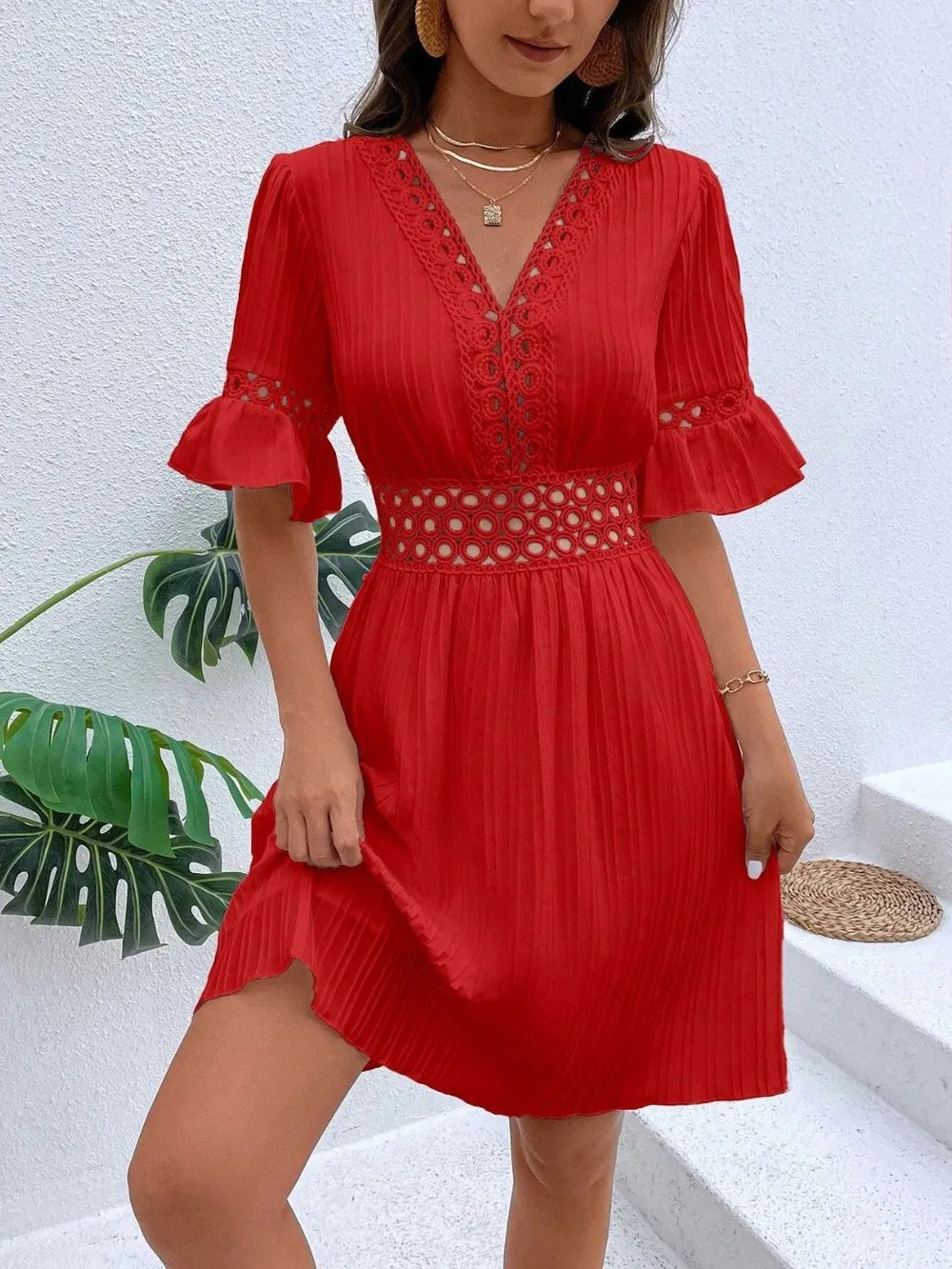 Cutout V-Neck Flounce Sleeve Mini Dress – Ruffled Lined Style