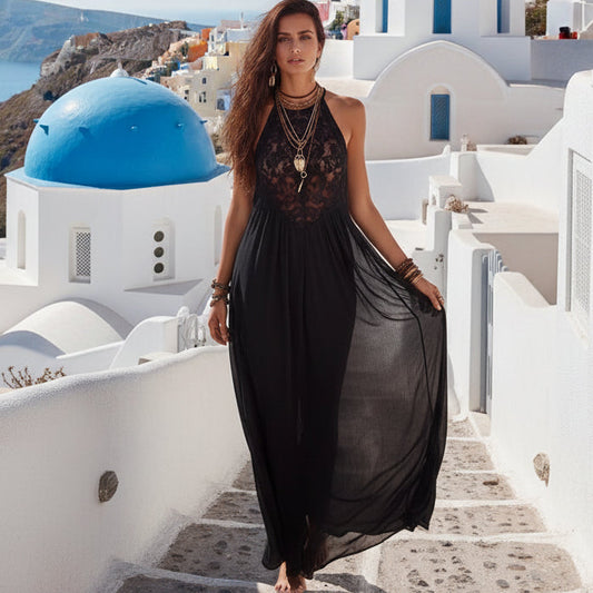 Women's Black Lace Trim Sleeveless Loose Maxi Dress