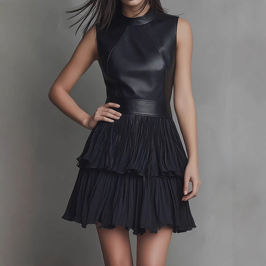 Black PU Leather Spliced Mini Dress – Sleeveless Double-Layer Ruffle Hem