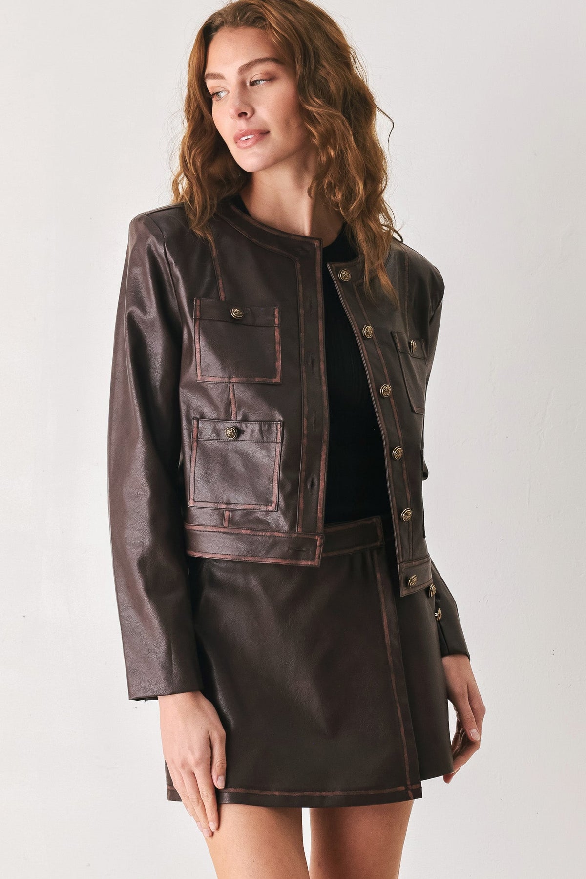 SADDLE STREET BROWN FAUX LEATHER CROPPED JACKET