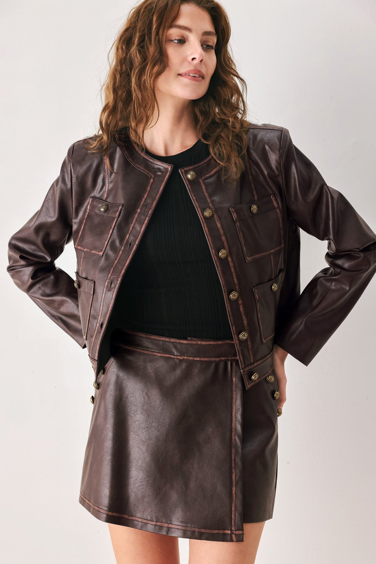 SADDLE STREET BROWN FAUX LEATHER CROPPED JACKET