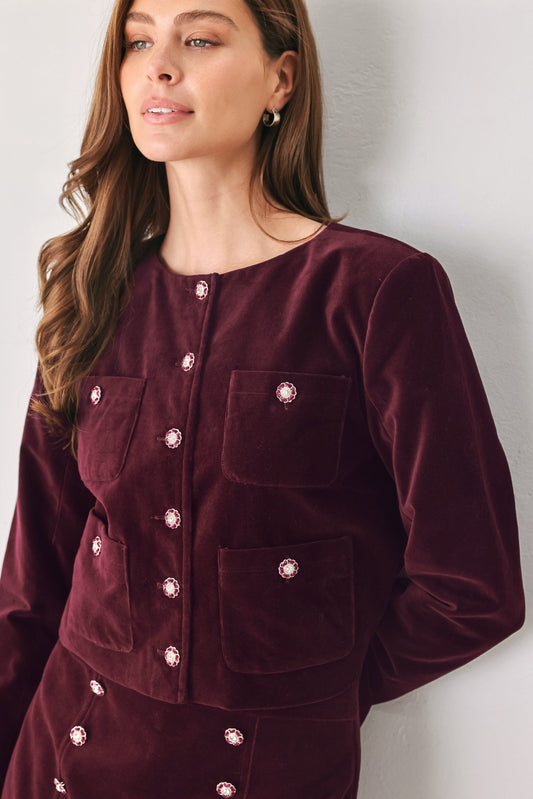 BORDEAUX VELVET BURGUNDY JEWEL-BUTTON CROPPED JACKET