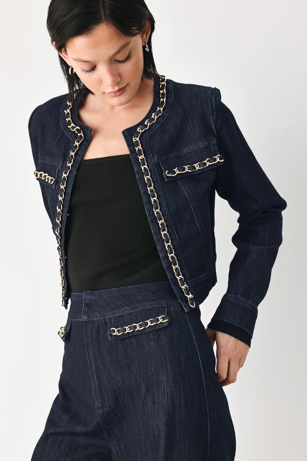AFTER HOURS INDIGO CHAIN-TRIM DENIM JACKET