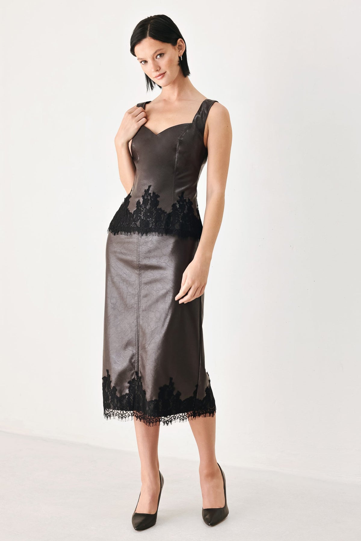LACE AFTER DARK FAUX LEATHER PENCIL SKIRT