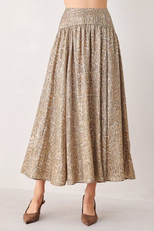 SERPENTINE TAUPE SNAKESKIN WOVEN MIDI SKIRT