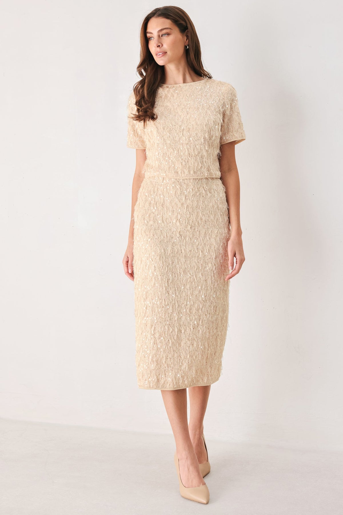 CHAMPAGNE WHISPER SEQUIN EYELASH MESH PENCIL SKIRT