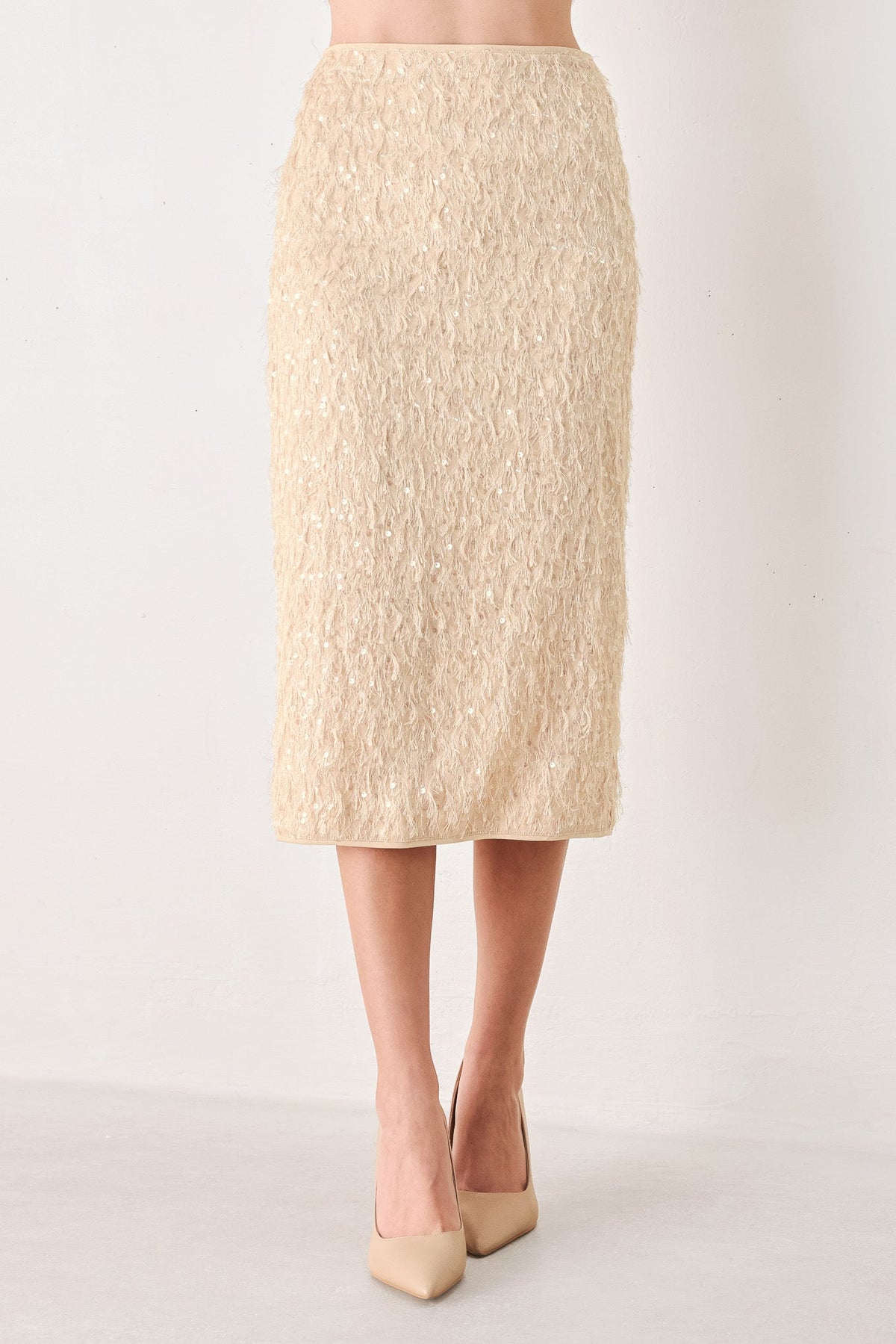 CHAMPAGNE WHISPER SEQUIN EYELASH MESH PENCIL SKIRT