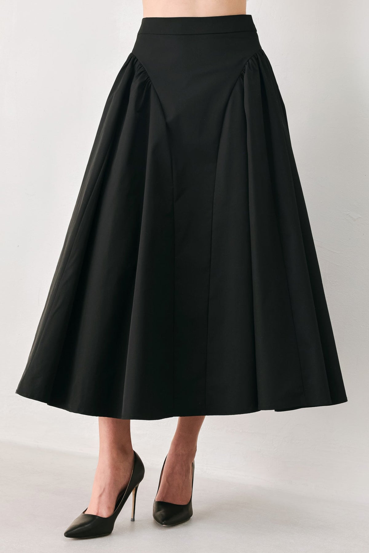 SCULPTED NOIR SHIRRED MIDI SKIRT