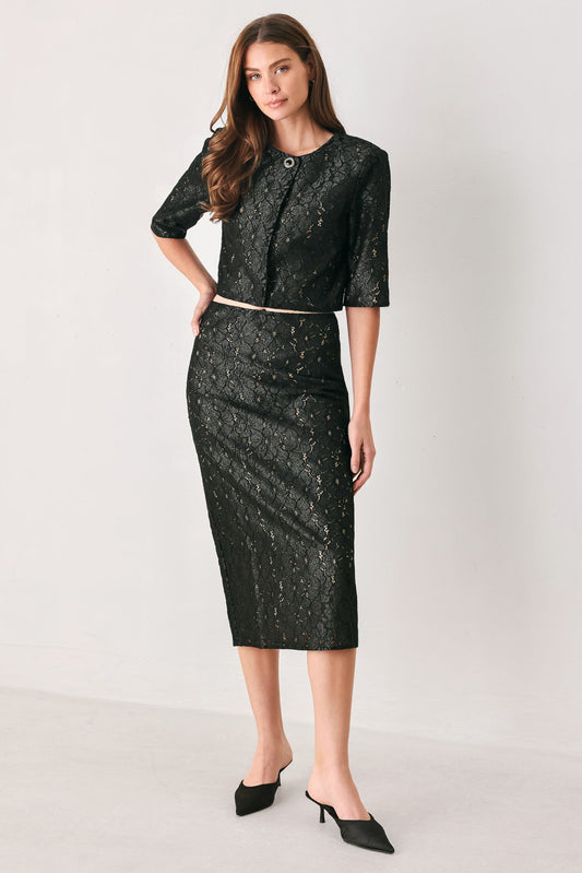NOIR LACE AFFAIR BLACK/NUDE LACE PENCIL SKIRT