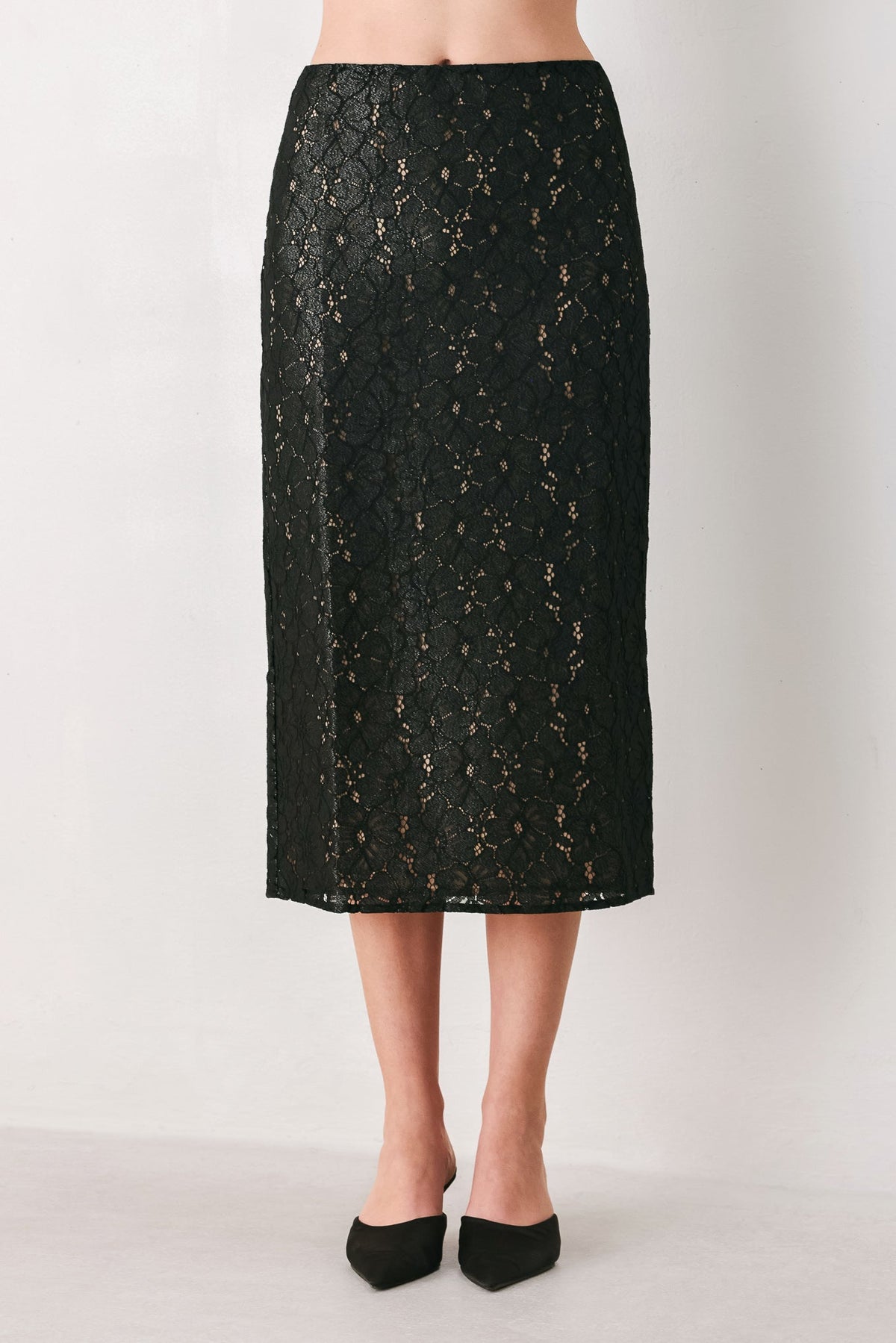 NOIR LACE AFFAIR BLACK/NUDE LACE PENCIL SKIRT