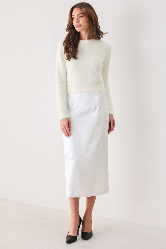 IVORY TEXTURE WHITE WOVEN PENCIL SKIRT