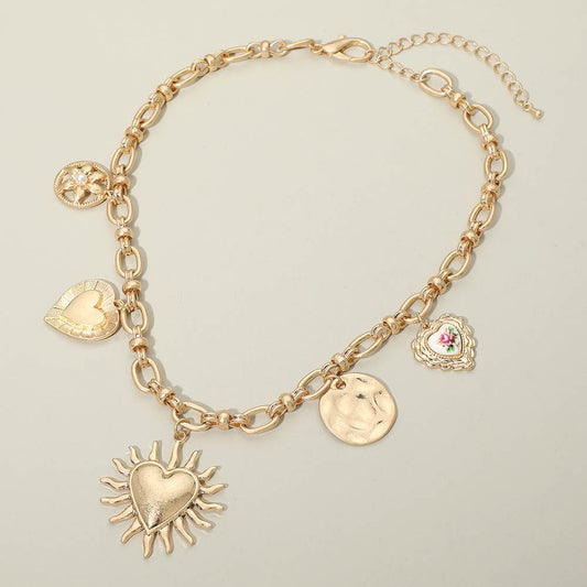 Vintage Inspired Heart Flower Charm Station Necklace