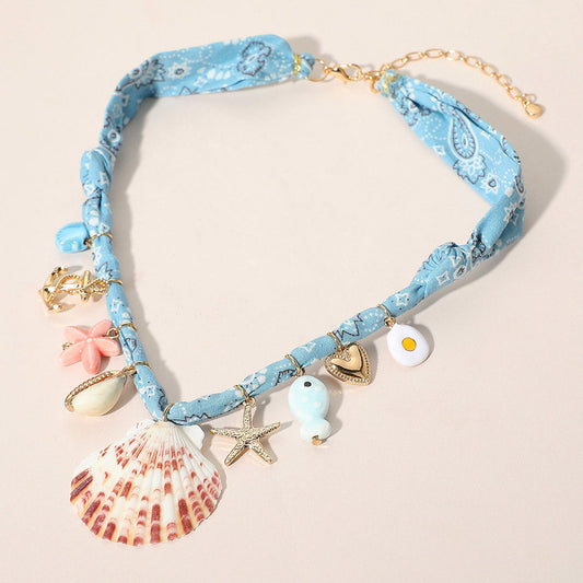 Seashell Starfish Anchor Heart Charm Station Fabric Statement Necklace