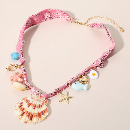 Seashell Starfish Anchor Heart Charm Station Fabric Statement Necklace