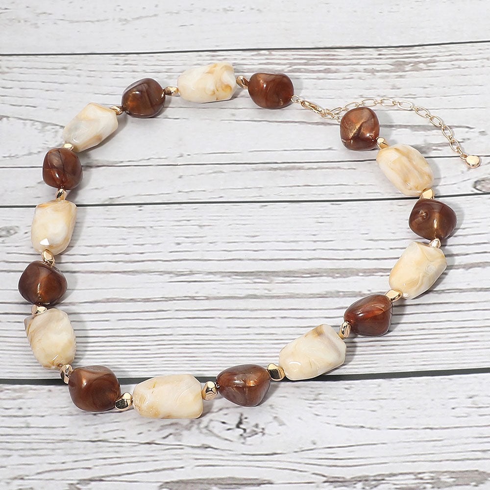 Chunky Faceted Marbled Resin Pebble Beaded Statement Necklace