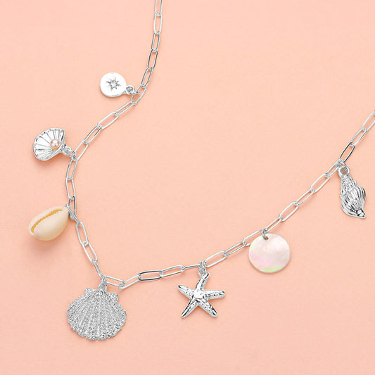Shell Starfish Puka Shell Charm Station Paperclip Chain Necklace