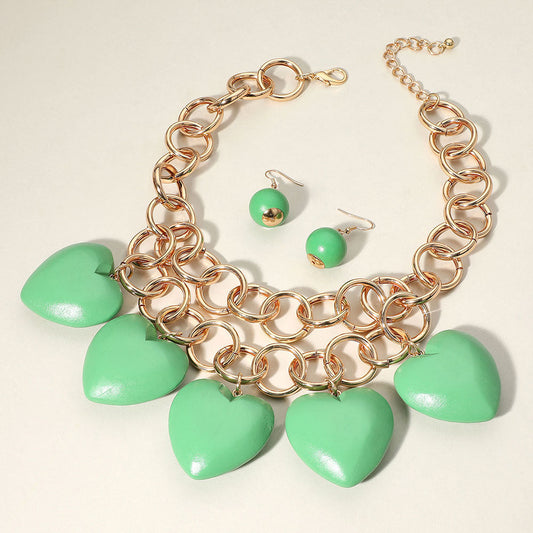 Chunky Wooden Heart Charm Station Layered Chain Necklace