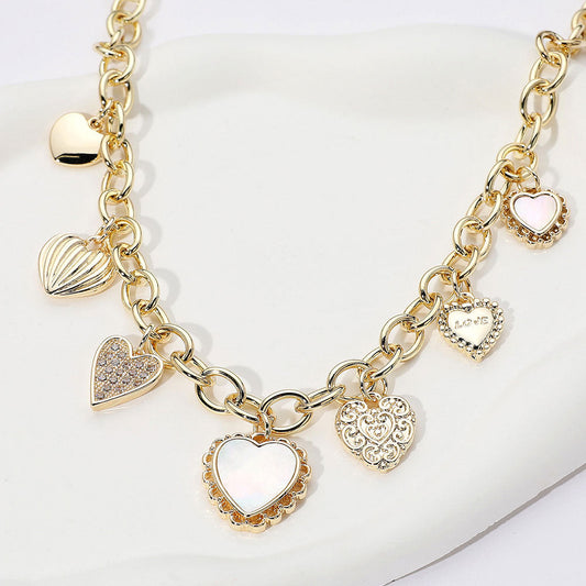 14K Gold Plated CZ Stone Paved Mother of Pearl Heart Charm Station Necklace