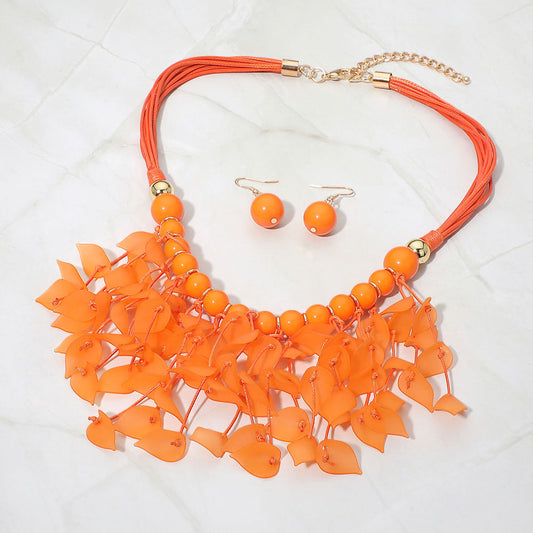 Bold Leaf Fringe Embellished Multi Cord Statement Necklace