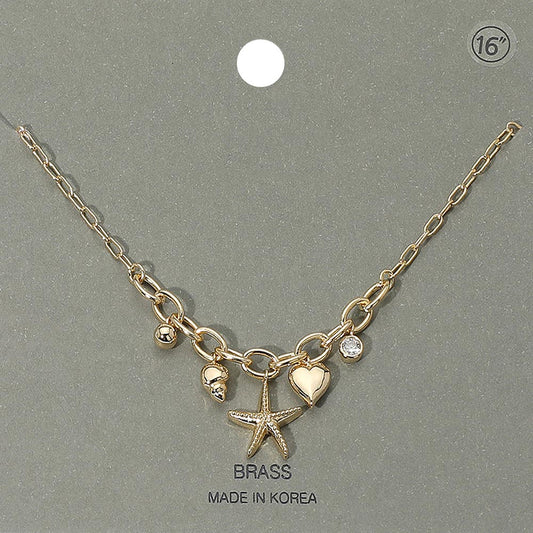 Starfish Heart Shell Stone Bezel Charm Station Paperclip Chain Necklace
