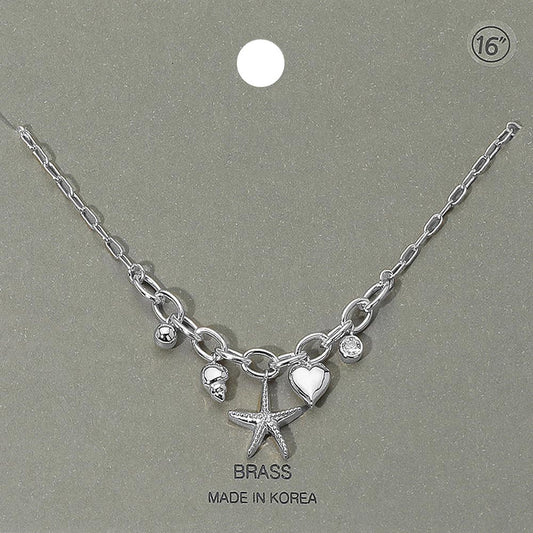 Starfish Heart Shell Stone Bezel Charm Station Paperclip Chain Necklace