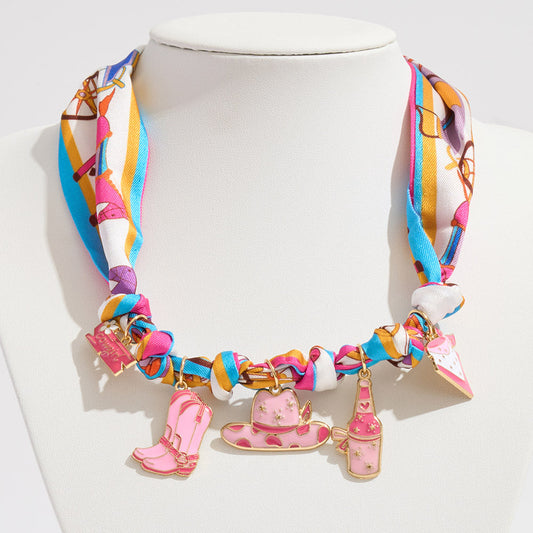 Enamel Western Theme Charm Station Fabric Scarf Necklace Adjustable Bracelet Bag Charm
