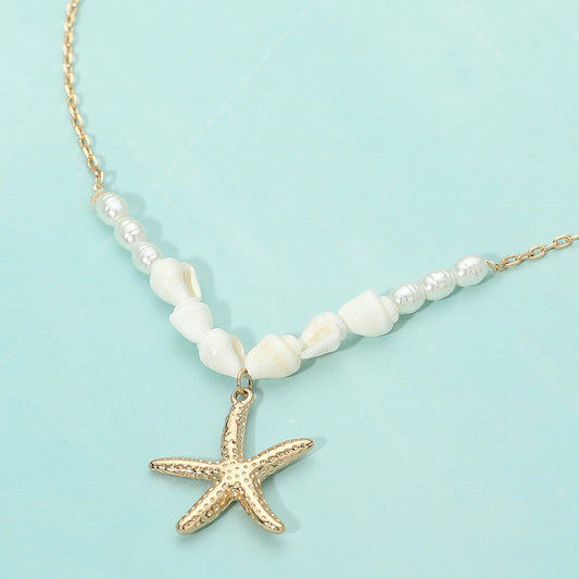 Textured Metal Starfish Charm Pendant Pearl Beaded Necklace