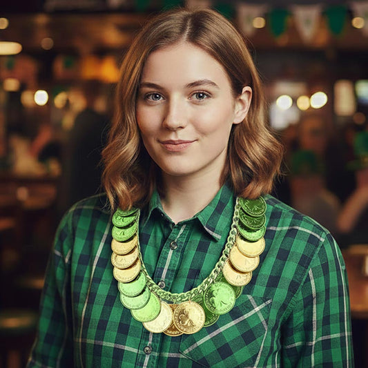 St Patricks Shamrock Luck Coin Embellished Statement Necklace