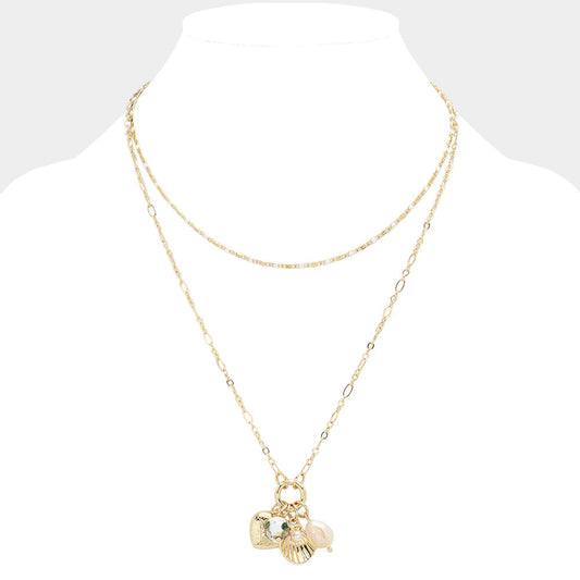 Metal Heart Pearl Pointed Shell Charm Pendant Layered Necklace