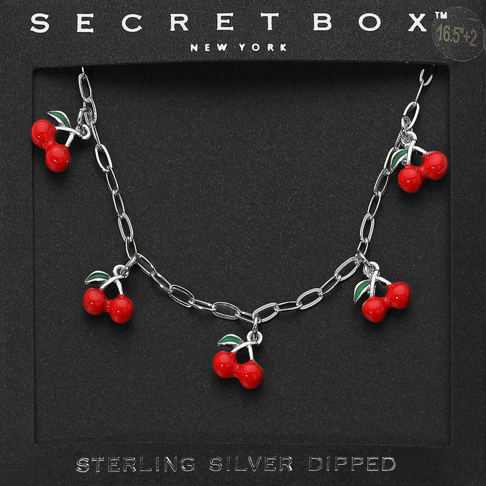 SECRET BOX_Sterling Silver Dipped Cherry Charm Station Paperclip Chain Necklace