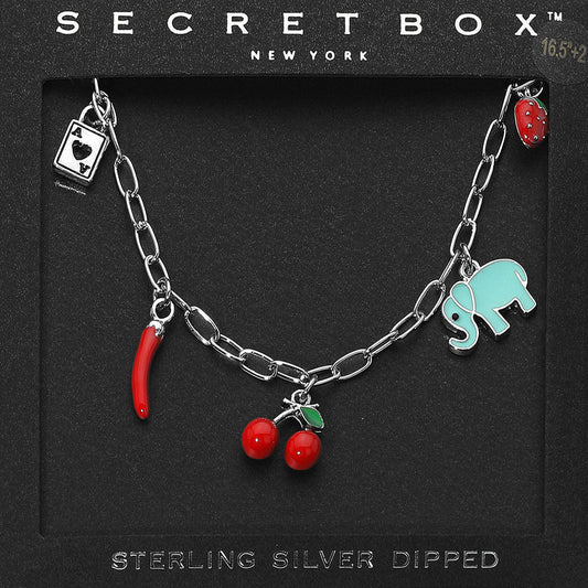 SECET BOX_Sterling Silver Dipped Cherry Elephant Chili Strawberry Lock Charm Station Paperclip Chain Necklace