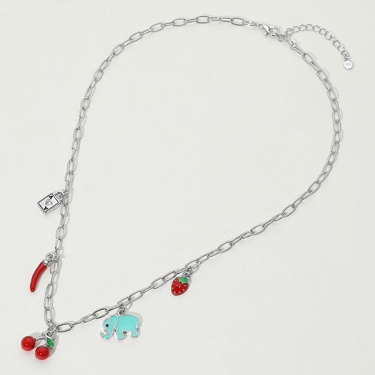 SECET BOX_Sterling Silver Dipped Cherry Elephant Chili Strawberry Lock Charm Station Paperclip Chain Necklace