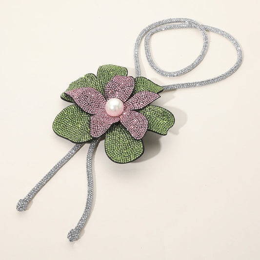 Women's Pearl Centered Bling Studded Flower Pointed Bolo Tie Statement Necklace