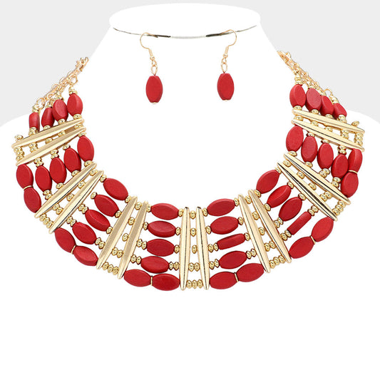 Oval Wood Beaded Statement Necklace