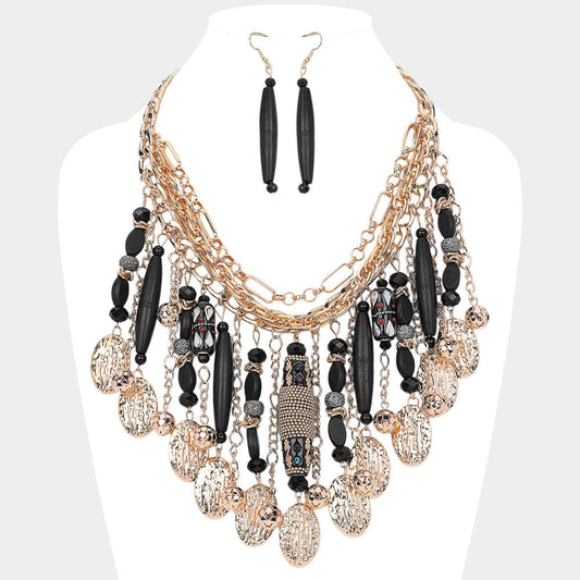 Wooden Stone Embellished Cylinder Textured Metal Oval Tip Station Collar Statement Necklace