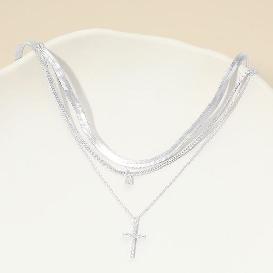 White Gold Dipped Stone Pave Cross Pendant Accent Layered Herringbone Chain Necklace