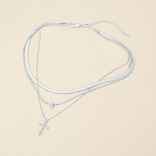 White Gold Dipped Stone Pave Cross Pendant Accent Layered Herringbone Chain Necklace
