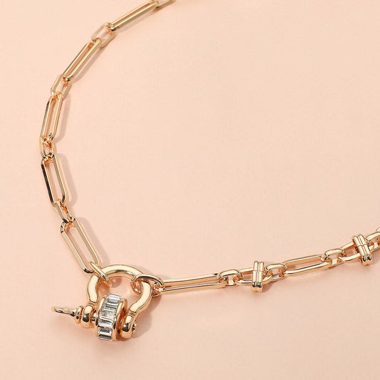 Baguette Stone Pave Accent Carabiner Link Chunky Chain Necklace