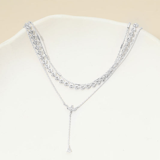 White Gold Dipped Marquise Stone Cluster Triangle Cluster Lariat Drop Accent Mixed Chain Layered Necklace