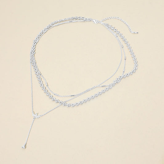 White Gold Dipped Marquise Stone Cluster Triangle Cluster Lariat Drop Accent Mixed Chain Layered Necklace