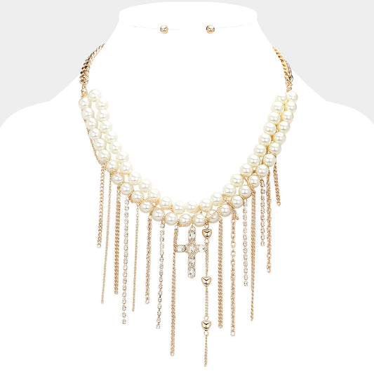 Stone Paved Cross Pointed Metal Heart Chain Fringe Beaded Pearl Layered Necklace