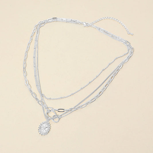 White Gold Dipped Oval Sunburst Charm Accent Mixed Chain Layered Necklace