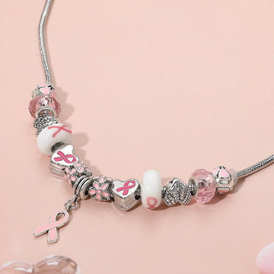 Pink Ribbon Charm Accent Multi Beaded Necklace