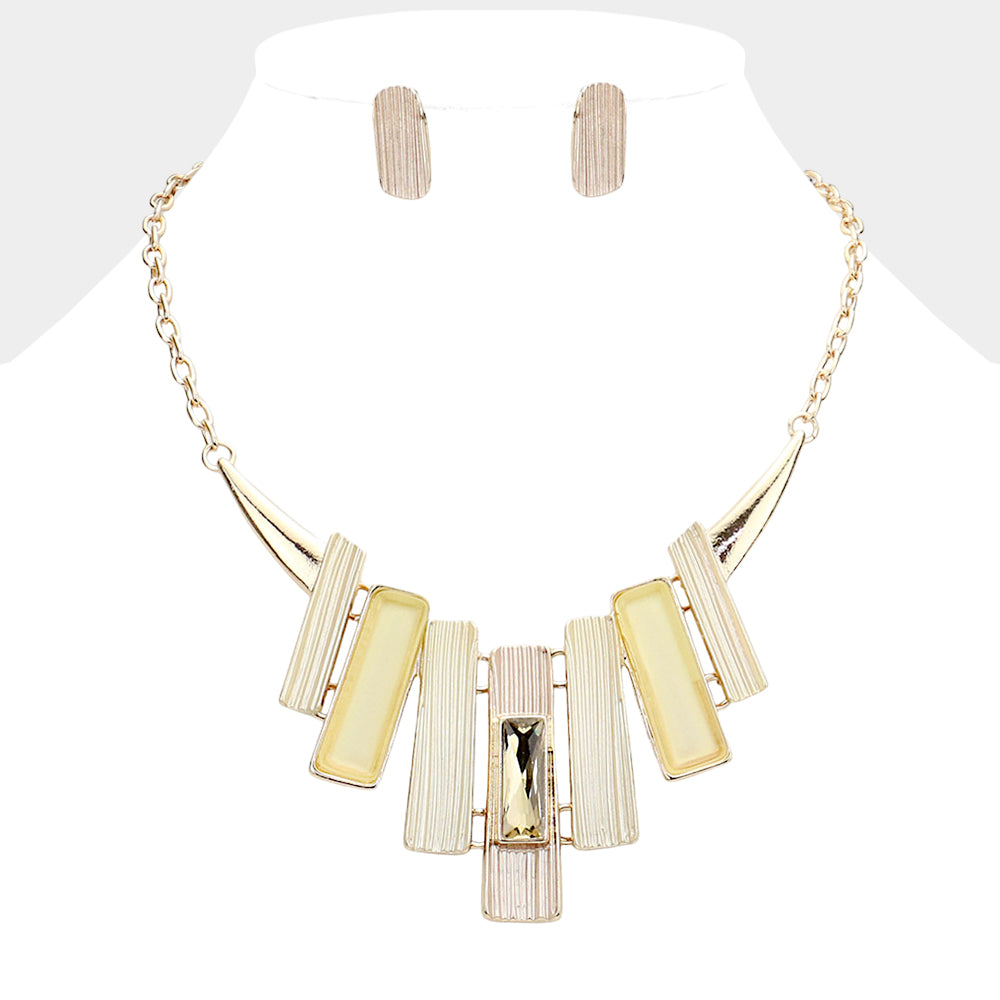 Stone Embellished Colored Metal Rectangle Link Necklace