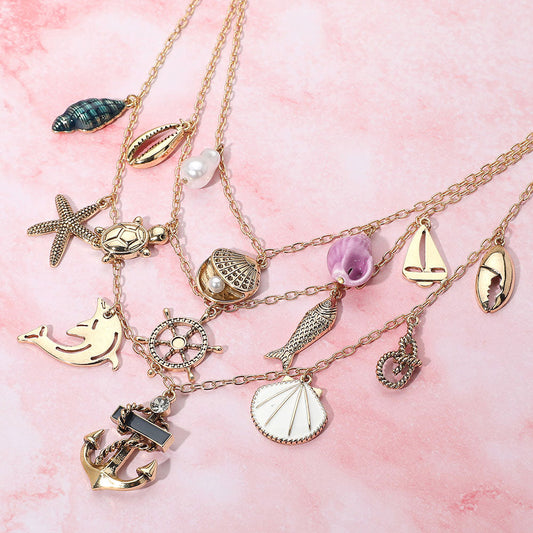 Anchor Sea Shell Pearl Dolphin Fish Rope Sea Turtle Charm Embellished Triple Layered Necklace
