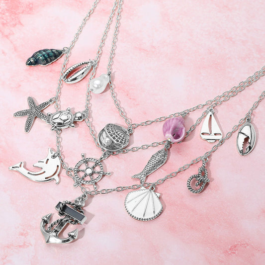 Anchor Sea Shell Pearl Dolphin Fish Rope Sea Turtle Charm Embellished Triple Layered Necklace