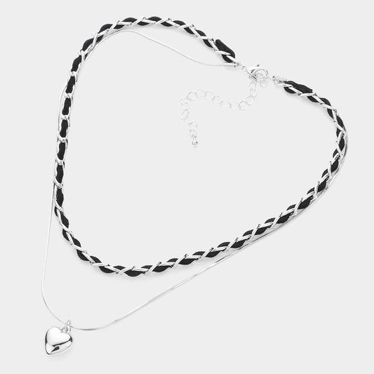 Faux Suede Double Layered Metal Heart Pendant Necklace