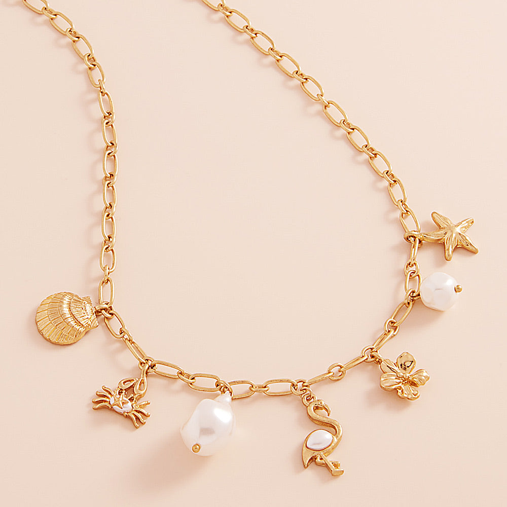 Metal Seashell Crab Starfish Flower Pearl Flamingo Charm Station Necklace